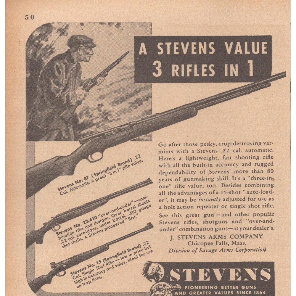 1946 Stevens Vintage Print Ad Springfield Savage Arms Mid Century Hunting